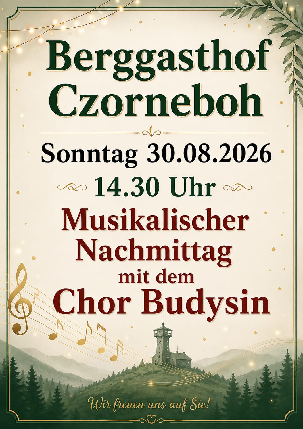 Veranstaltungsplakat für den Berggasthof Czorneboh am Sonntag, den 30.08.2026, um 14:30 Uhr. Musikalischer Nachmittag mit dem Chor Budysin. Zu den dekorativen Elementen gehören Noten, Zweige und ein Gebäude auf einem Hügel.