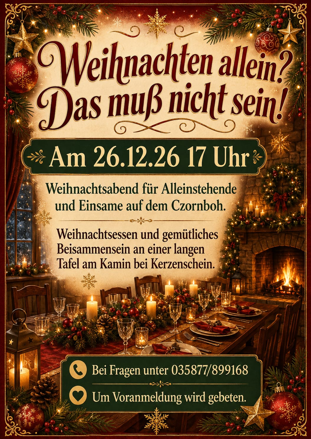 Festliche Weihnachtseinladung mit Dekoration, Kerzen und einem gedeckten Tisch. Der deutsche Text lädt Menschen, die Weihnachten allein verbringen, zu einem gemeinsamen Abendessen am 26. Dezember um 17 Uhr ein, bei dem für Essen und Gesellschaft gesorgt ist. Kontaktdaten und die Bitte um Rückmeldung sind enthalten.